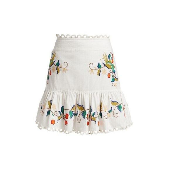 FARM Rio Dresses & Skirts - Farm Rio Pitanga Embroidery Mini Skirt Size XL Off White New Crochet Birds